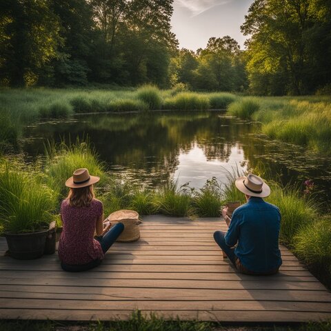 A vibrant and diverse group of people enjoying nature by a pond.