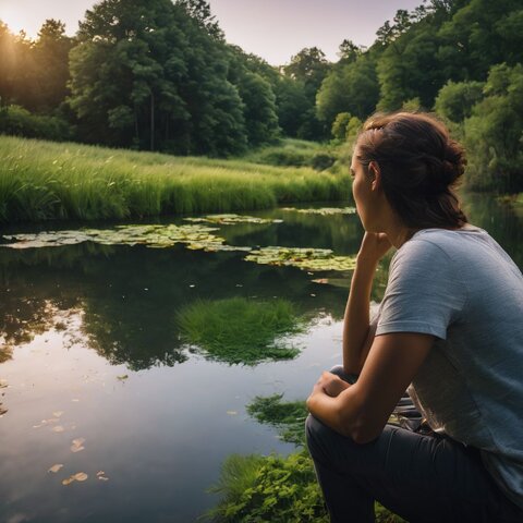 A person inspecting a retention pond for damage surrounded by lush greenery.