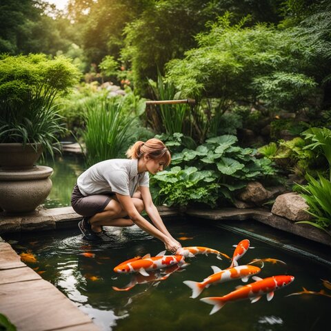 A person peacefully cleaning filters in a lush koi pond setting.