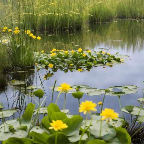 A serene pond with reed mace and marsh marigold in nature.