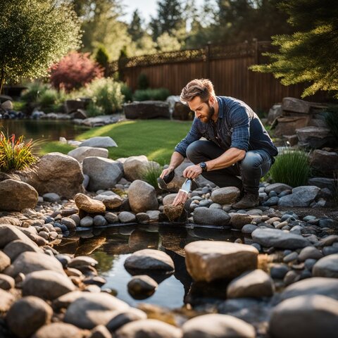 A landscaper arranging rocks and pond liner in a backyard.