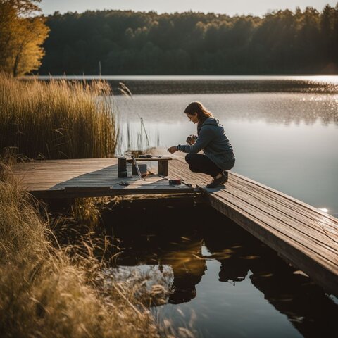 A person planning and measuring for a dock by a calm pond.