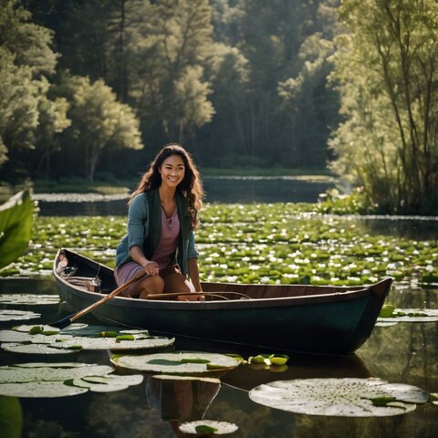 A person using a rake to remove lily pads from a serene pond.