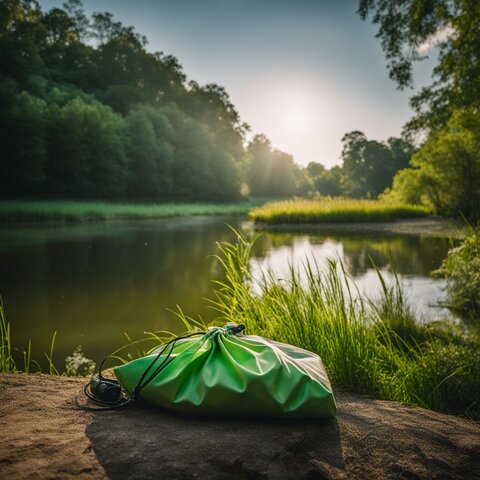 A bag of agricultural lime by a pond surrounded by lush greenery.