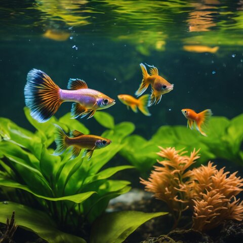 A vibrant aquarium scene with colorful fish and aquatic plants.