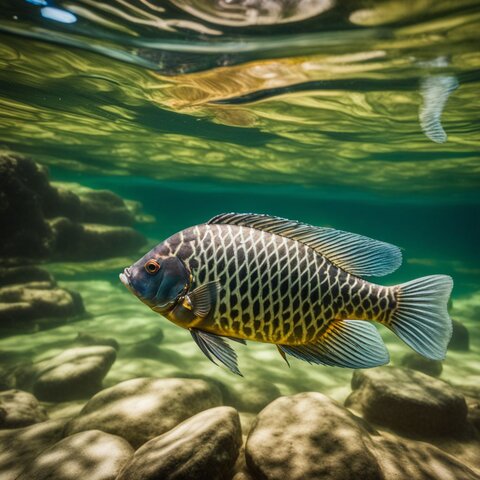 A photo of Mozambique tilapia swimming in a natural pond.