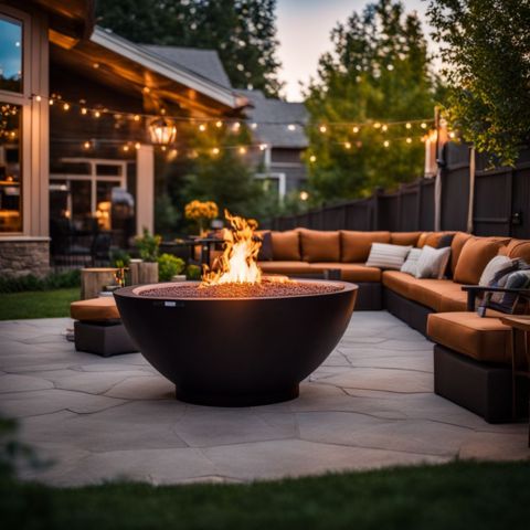 An outdoor seating area with a natural gas fire pit.