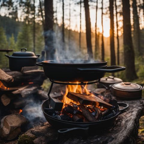 A set of cast iron cookware hanging over a fire in a forest.