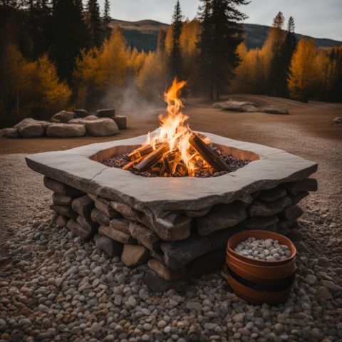 A neatly arranged gravel fire pit area with all necessary supplies.