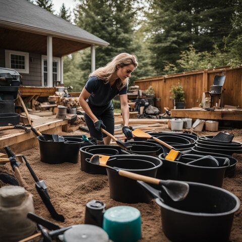 A person arranging construction tools in a backyard for a project.