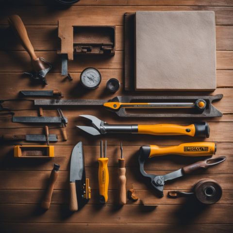 A set of bricklaying tools on a clean, organized workbench.