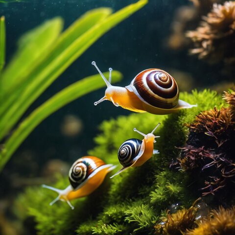 A group of Nerite Snails moving on colorful aquatic plants.