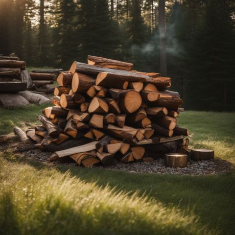 A stacked pile of seasoned firewood beside a fire pit.