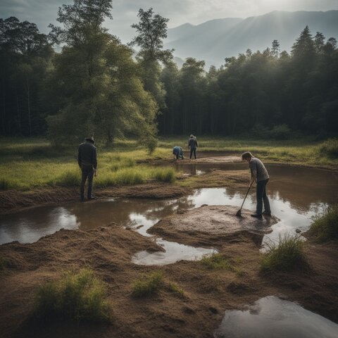 A serene landscape with an unwanted pond being drained and filled.