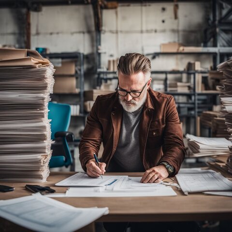 A man reviews construction permits and documents in a busy office setting.