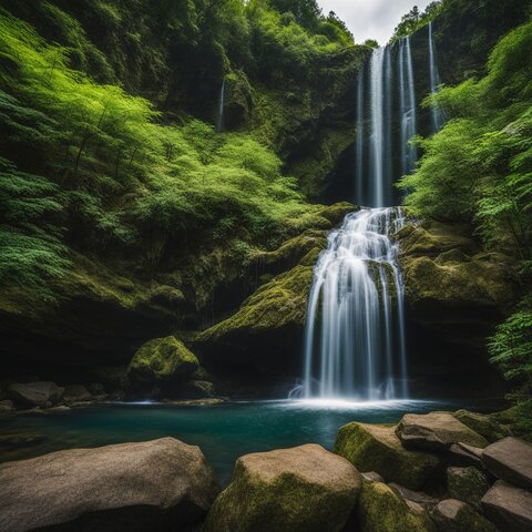 A scenic waterfall pond surrounded by lush greenery and rocks.