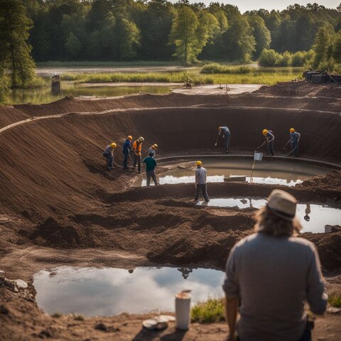 Construction of a large pond with excavation work and soil analysis.