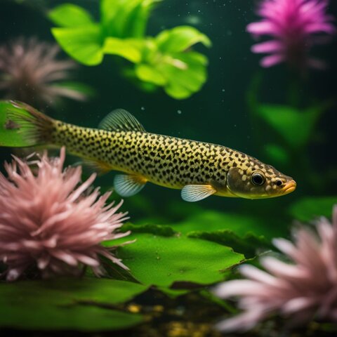 A pond loach swimming among aquatic plants in a crystal-clear pond.