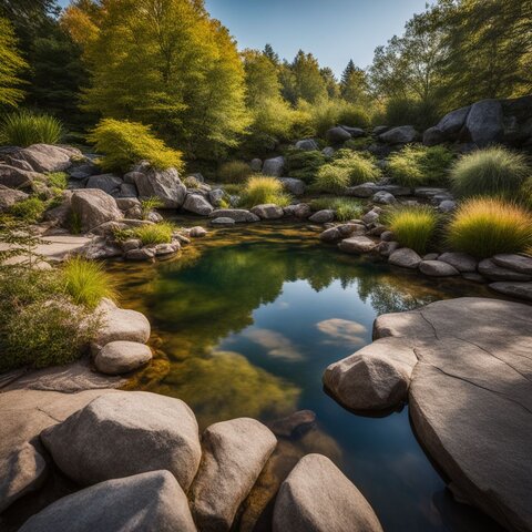 A landscaped pond with rocks and nature photography in different styles.