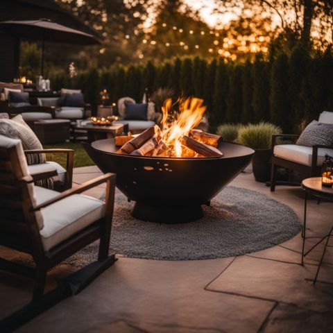 An inviting backyard fire pit with glowing embers and patio furniture.