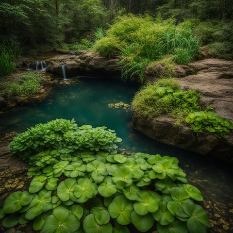 Native aquatic plants thriving in natural pool, diverse people enjoying nature.