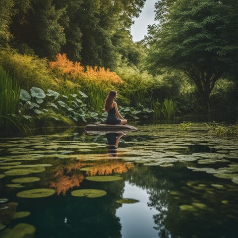 An image of a serene pond with vibrant aquatic plants.