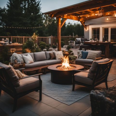 A cozy backyard patio with a lit fire pit and outdoor furniture.