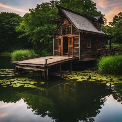 A wooden pond dock surrounded by calm water and lush greenery.