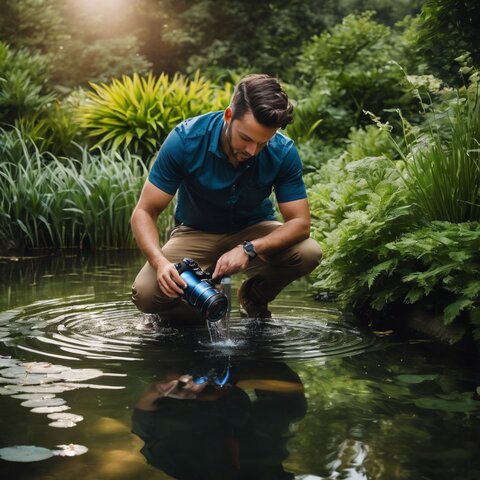 A person inspecting a pond filtration system in a lush green setting.