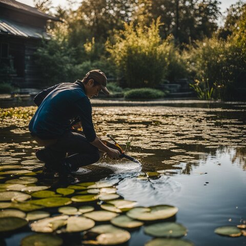 A person maintaining a clean pond by removing plant litter and checking water levels.
