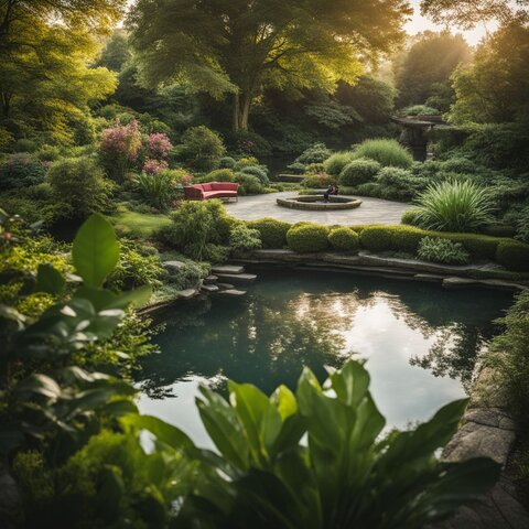 A serene garden with a transformed old pond surrounded by lush greenery.