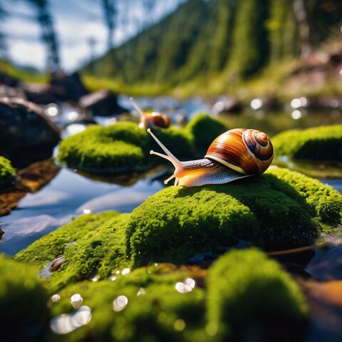 A group of colorful snails grazing on algae-covered rocks in a pond.