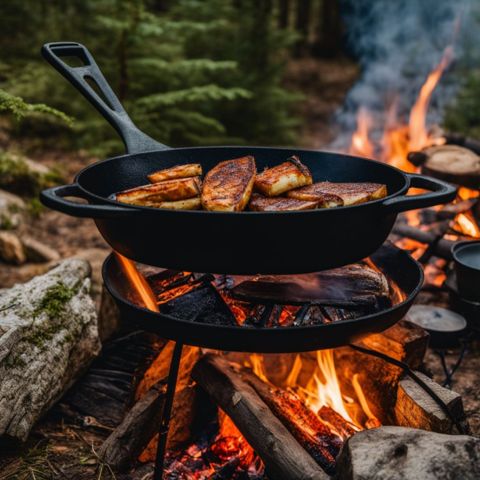 A cast iron skillet cooking over a crackling campfire surrounded by cookware and tools.