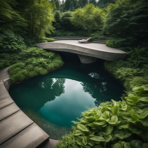 A natural swimming pond with concrete design surrounded by lush greenery.
