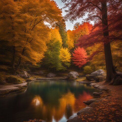 A serene autumn pond with vibrant trees and reflections.