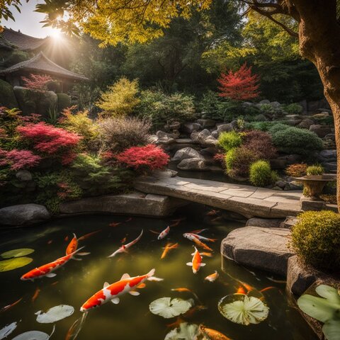 A koi pond in a picturesque garden captured in every season.
