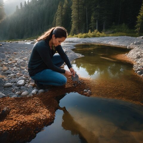 A person is setting up a pond liner with rocks and bentonite.