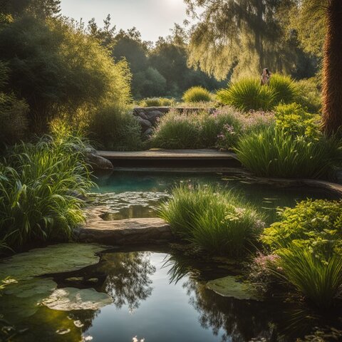 A serene pool with native plants and diverse people enjoying it.