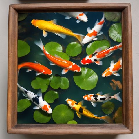 Vibrant koi fish swimming in lush pond surrounded by greenery.