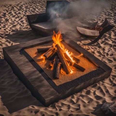 A DIY rectangle fire pit surrounded by gravel and sand in a bustling atmosphere.