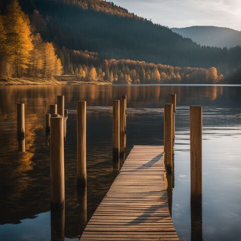 Wooden support posts being installed in a serene lake setting.