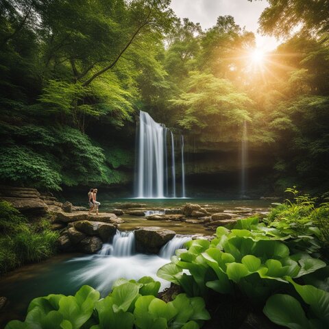 A serene pond with a cascading waterfall surrounded by lush greenery.