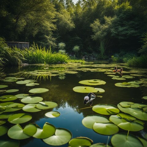 A serene pond with Siamese Algae Eaters and aquatic plants.