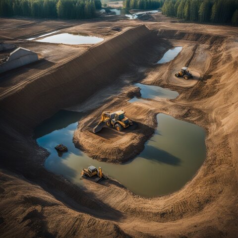 A photo of a large excavation site with a backhoe digging a pond.