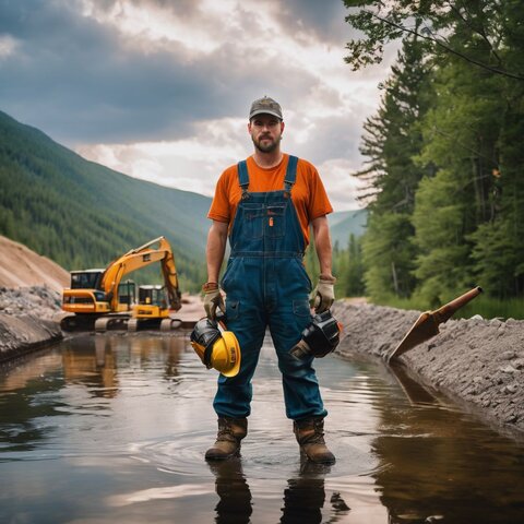 A construction worker standing on a partially built pond dam surrounded by tools and equipment.
