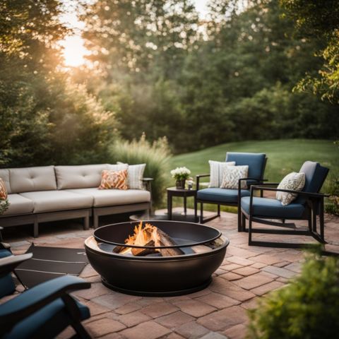 A newly painted fire pit surrounded by outdoor furniture and nature photography.