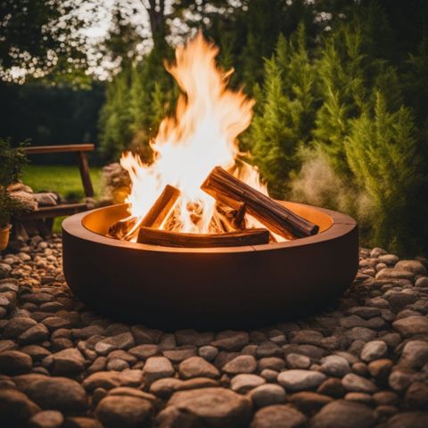 A beautifully crafted wood fire pit screen surrounded by lush greenery.