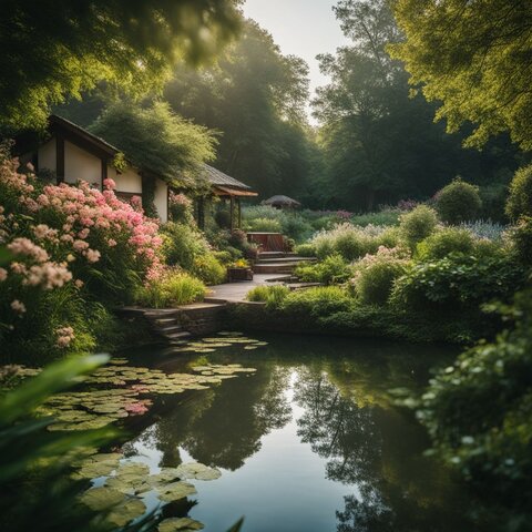 A serene pond surrounded by lush greenery and blooming flowers.