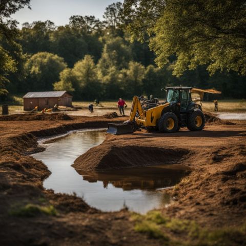 A pond being constructed on a rural farm with digging equipment.