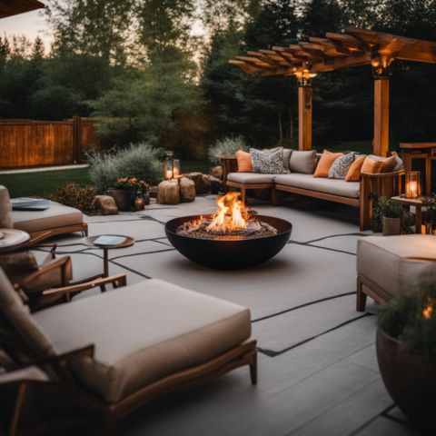 An outdoor patio with a tabletop fire pit and cozy setting.
